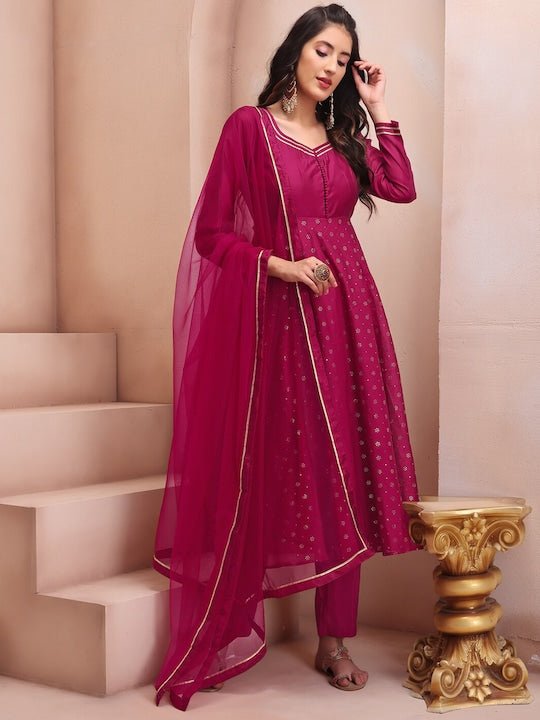 Magenta Floral Embroidered Mukaish Chanderi Cotton Kurta With Trousers & Dupatta - Inddus.com