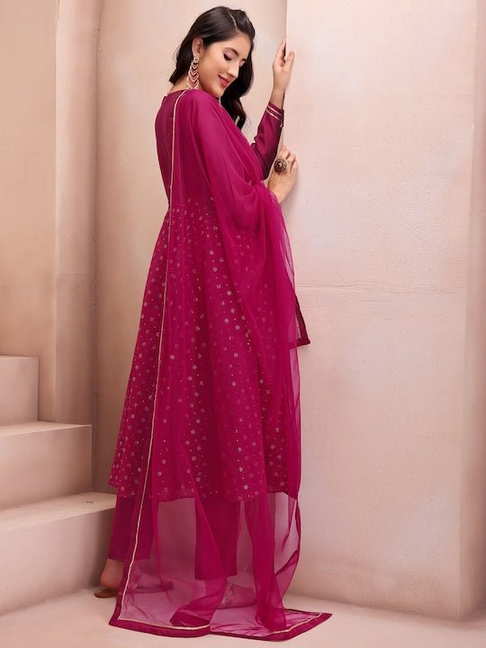 Magenta Floral Embroidered Mukaish Chanderi Cotton Kurta With Trousers & Dupatta - Inddus.com