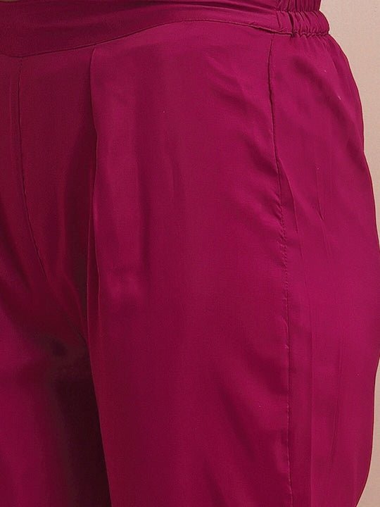 Magenta Floral Embroidered Mukaish Chanderi Cotton Kurta With Trousers & Dupatta - Inddus.com