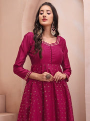 Magenta Floral Embroidered Mukaish Chanderi Cotton Kurta With Trousers & Dupatta - Inddus.com