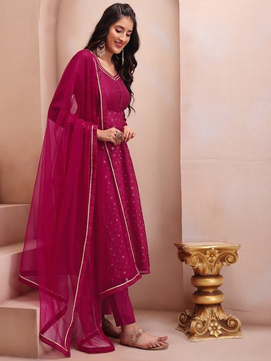 Magenta Floral Embroidered Mukaish Chanderi Cotton Kurta With Trousers & Dupatta - Inddus.com