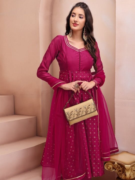 Magenta Floral Embroidered Mukaish Chanderi Cotton Kurta With Trousers & Dupatta - Inddus.com