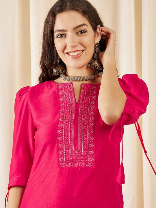 Magenta Floral Yoke Designed Regular Thread Work Straight Kurta - Inddus.com