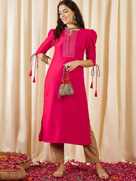 Magenta Floral Yoke Designed Regular Thread Work Straight Kurta - Inddus.com