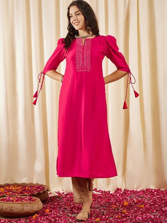 Magenta Floral Yoke Designed Regular Thread Work Straight Kurta - Inddus.com