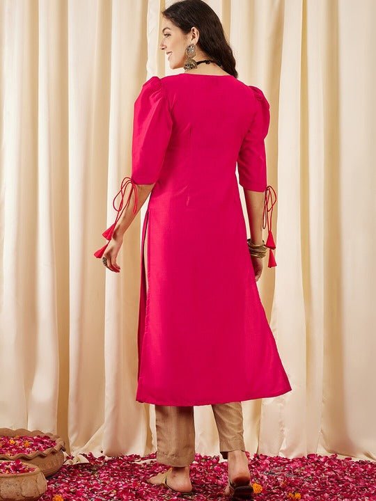 Magenta Floral Yoke Designed Regular Thread Work Straight Kurta - Inddus.com