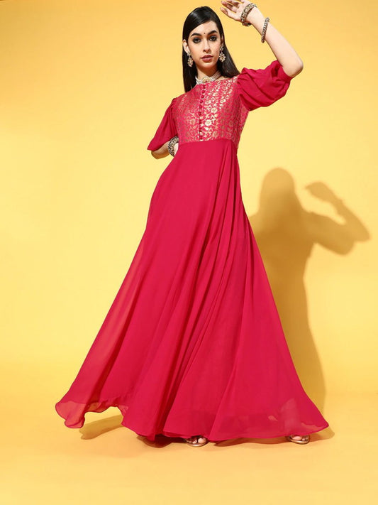 Magenta Georgette Partywear Ethnic Motifs Dresses - Inddus.com