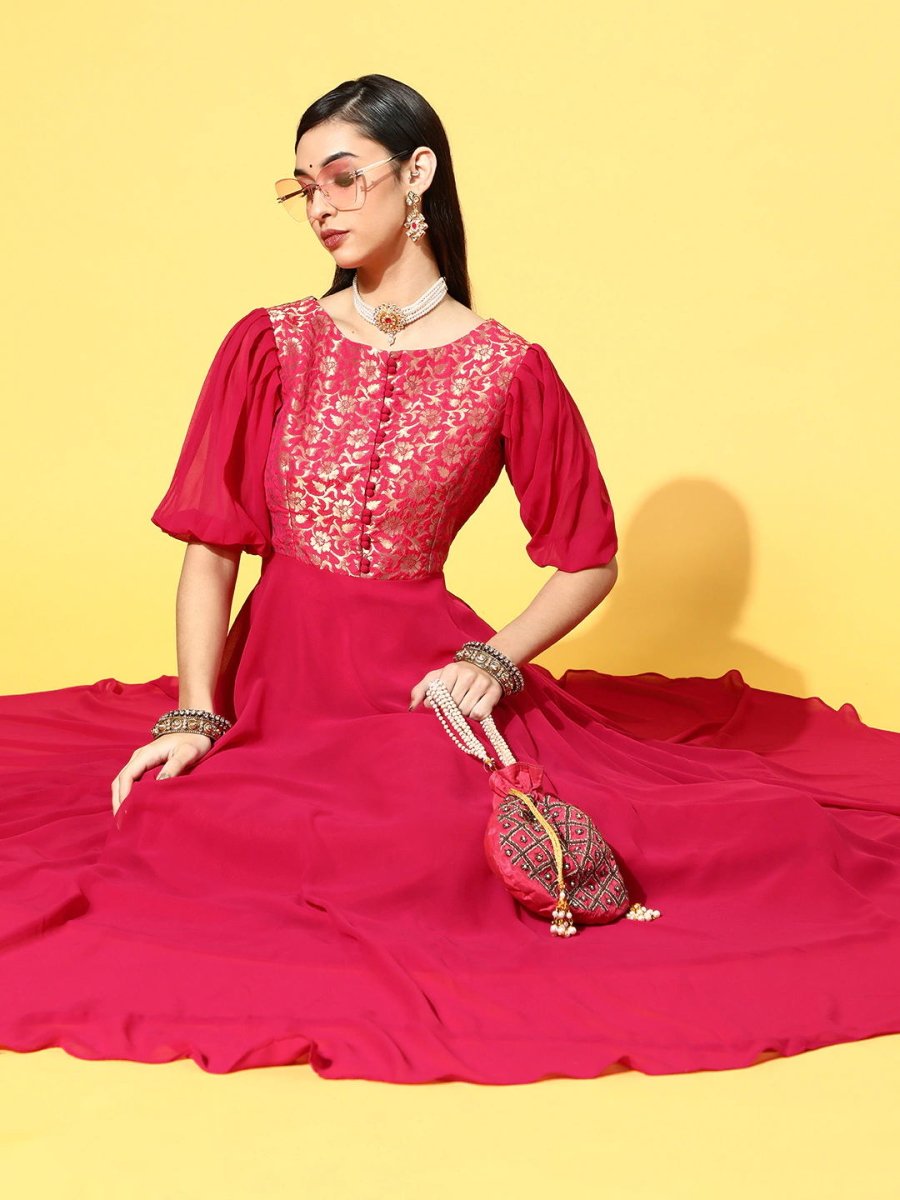 Magenta Georgette Partywear Ethnic Motifs Dresses - Inddus.com