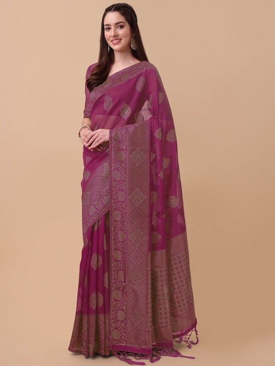 Magenta & Gold-Toned Ethnic Motifs Saree - Inddus.com