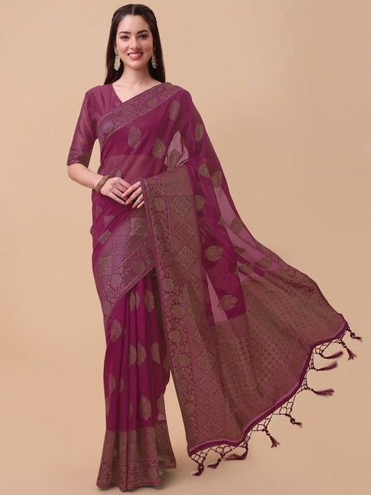 Magenta & Gold-Toned Ethnic Motifs Saree - Inddus.com