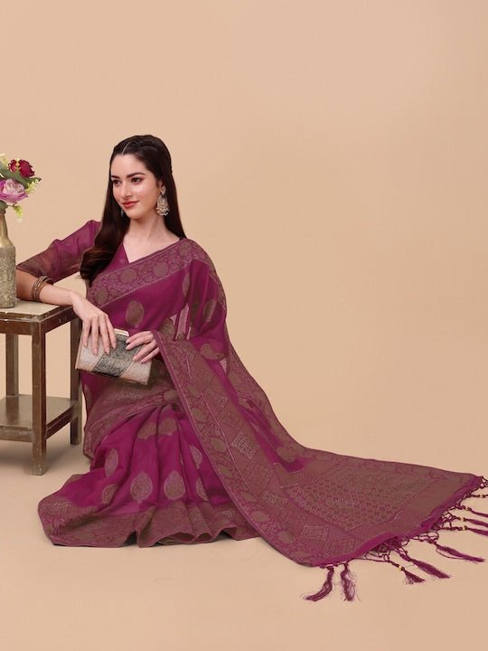 Magenta & Gold-Toned Ethnic Motifs Saree - Inddus.com