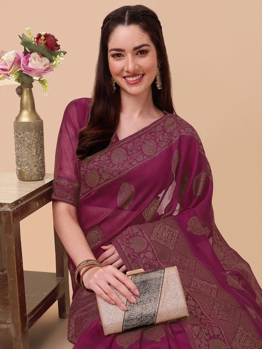 Magenta & Gold-Toned Ethnic Motifs Saree - Inddus.com