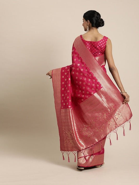 Magenta & Gold-Toned Silk Blend Woven Design Banarasi Saree