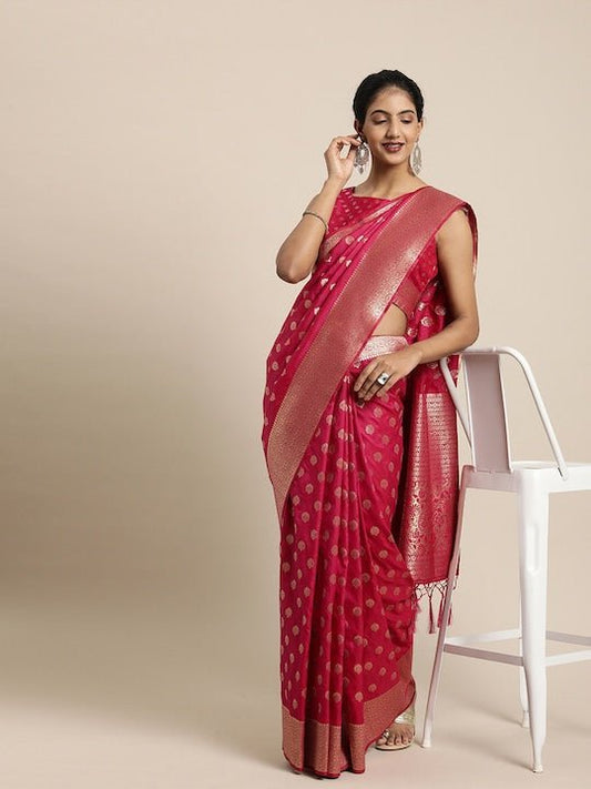 Magenta & Gold-Toned Silk Blend Woven Design Banarasi Saree