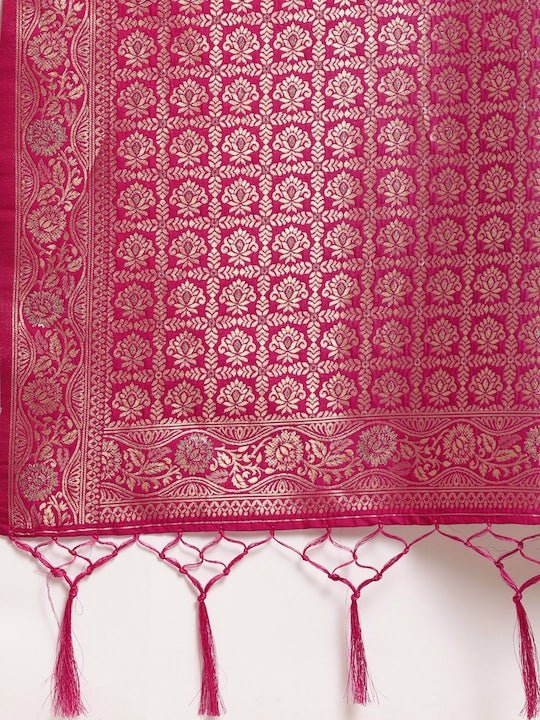 Magenta & Gold-Toned Silk Blend Woven Design Banarasi Saree - Inddus.com