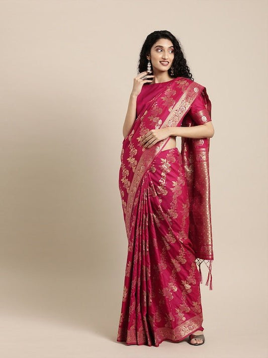 Magenta & Gold-Toned Silk Blend Woven Design Banarasi Saree - Inddus.com