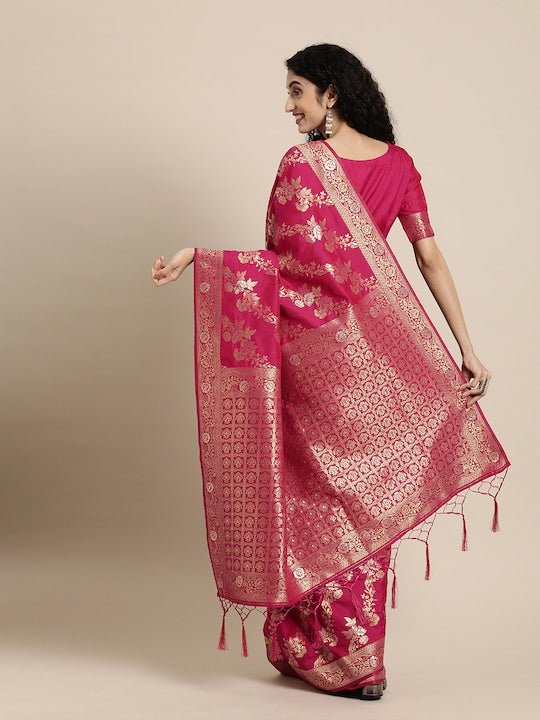 Magenta & Gold-Toned Silk Blend Woven Design Banarasi Saree - Inddus.com