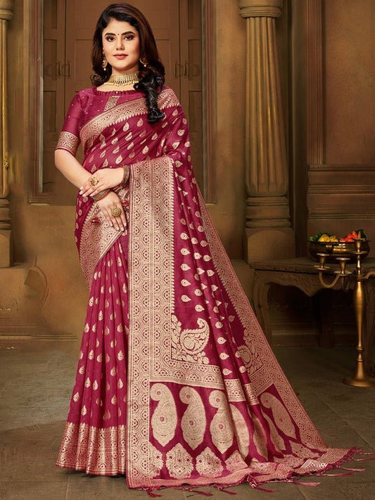 Magenta & Golden Woven Design Silk Blend Banarasi Saree