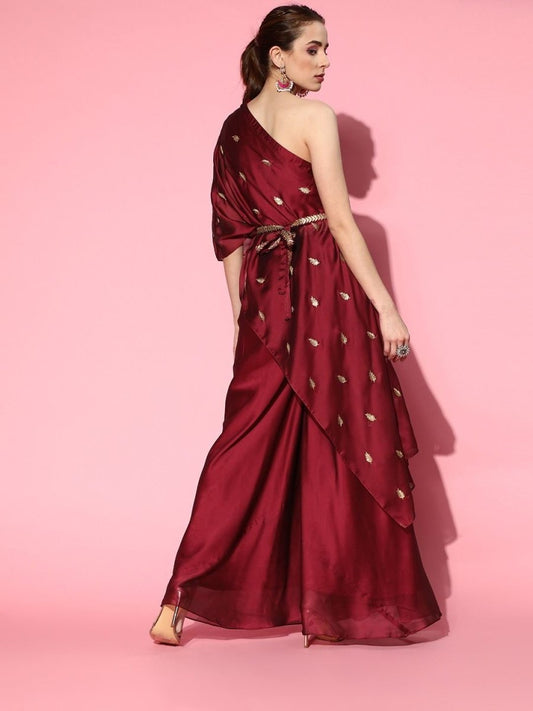 Magenta Maroon Short Kurta with Palazzo and Belt - Inddus.com