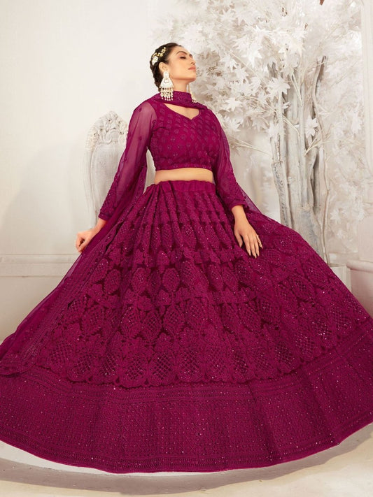 Magenta Net Festive Lehenga Choli - Inddus.com