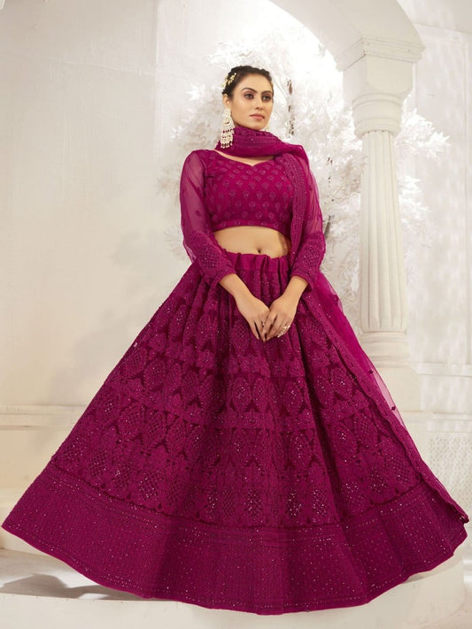 Magenta Net Festive Lehenga Choli - Inddus.com