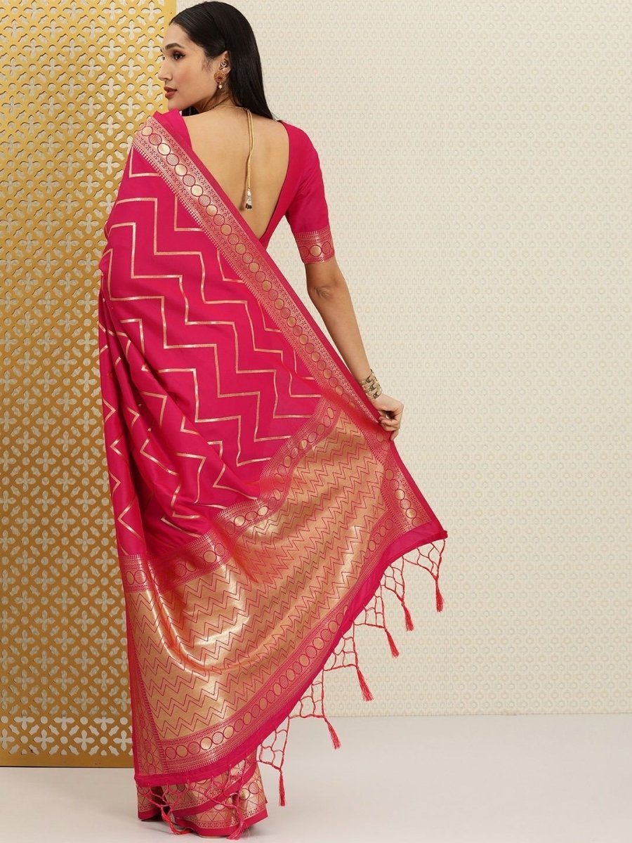 Magenta Pink and Gold Chevron Zari Woven Saree - Inddus.com