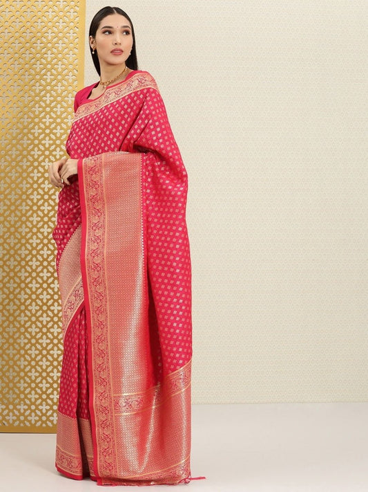 Magenta Pink and Gold Ethnic Motifs Zari Woven Saree - Inddus.com