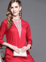 Magenta Pink Embroidered Kurta with Pants - Inddus.com