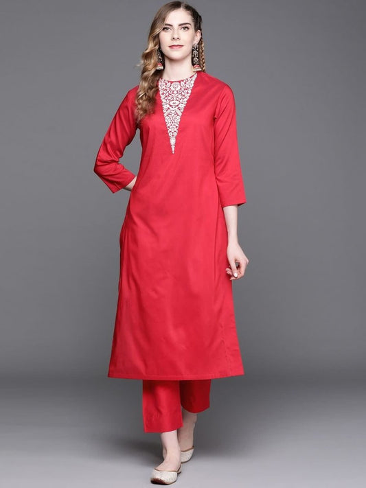 Magenta Pink Embroidered Kurta with Pants - Inddus.com