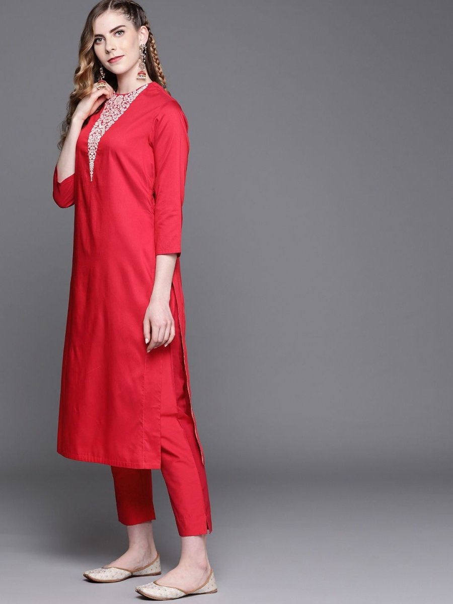 Magenta Pink Embroidered Kurta with Pants - Inddus.com