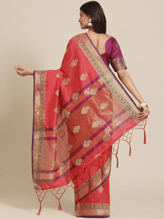 Magenta Pink Ethnic Motifs Zari Woven Banarasi Saree - Inddus.com