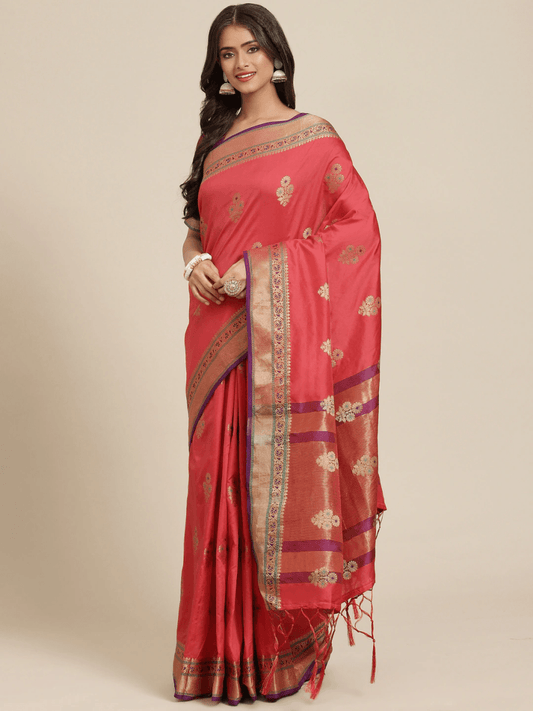 Magenta Pink Ethnic Motifs Zari Woven Banarasi Saree - Inddus.com