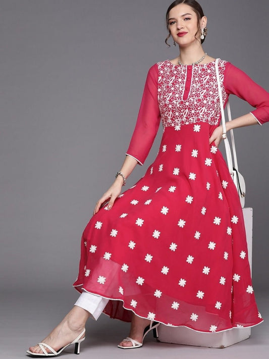 Magenta Pink Floral Yoke Embroidered Kurta - Inddus.com