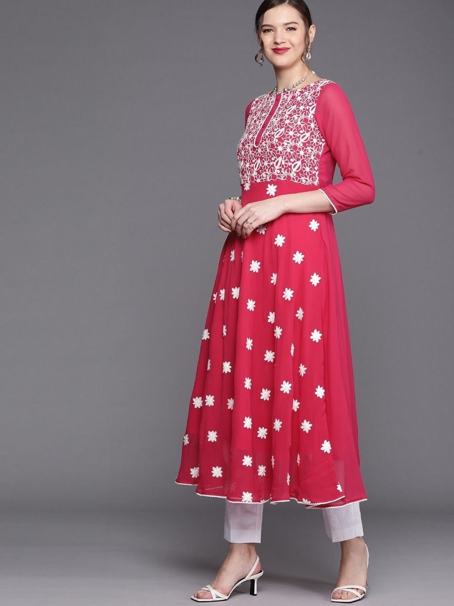 Magenta Pink Floral Yoke Embroidered Kurta - Inddus.com