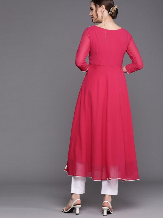 Magenta Pink Floral Yoke Embroidered Kurta - Inddus.com