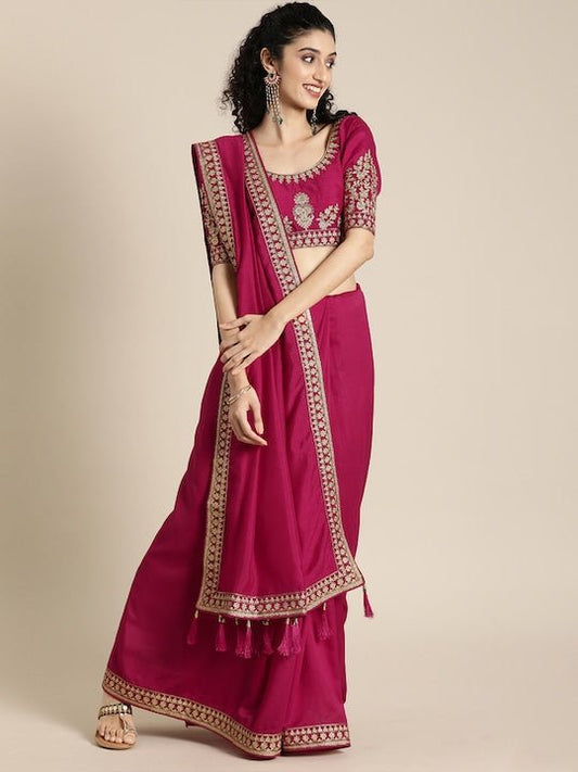 Magenta Pink Solid Silk Blend Embroidered Border Saree - Inddus.com