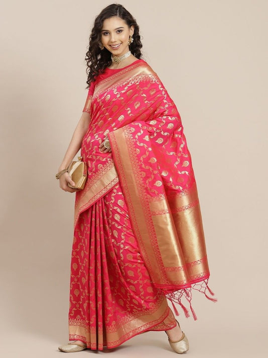 Magenta Pink Zari Woven Saree - inddus-us