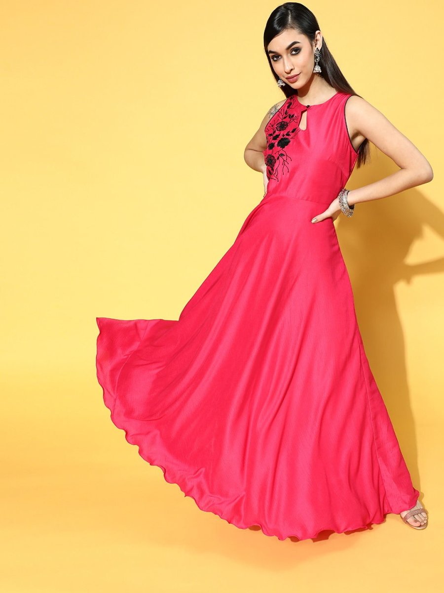 Magenta Polyester Partywear Solid Dresses - Inddus.com