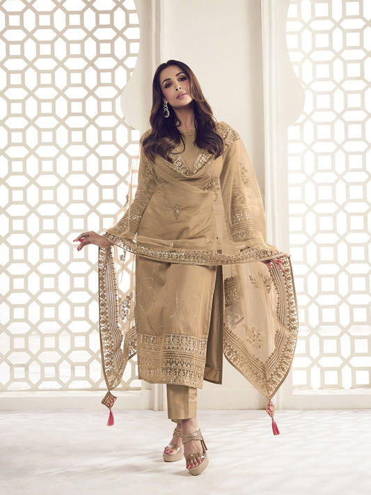 Malaika Arora Beige Floral Thread and Sequines Embroidered Kurta Set - Inddus.com