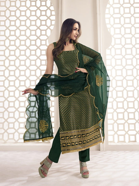 Malaika Arora Bottle Green Zari Woven Embroidered Stright Kurta Set - Inddus.com