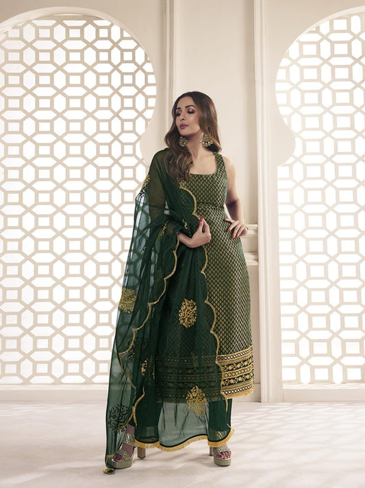 Malaika Arora Bottle Green Zari Woven Embroidered Stright Kurta Set - Inddus.com