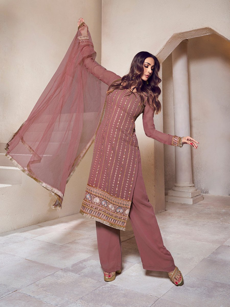 Malaika Arora Dirty Pink Zari Thread Embroidered Stright Kurta Set - Inddus.com