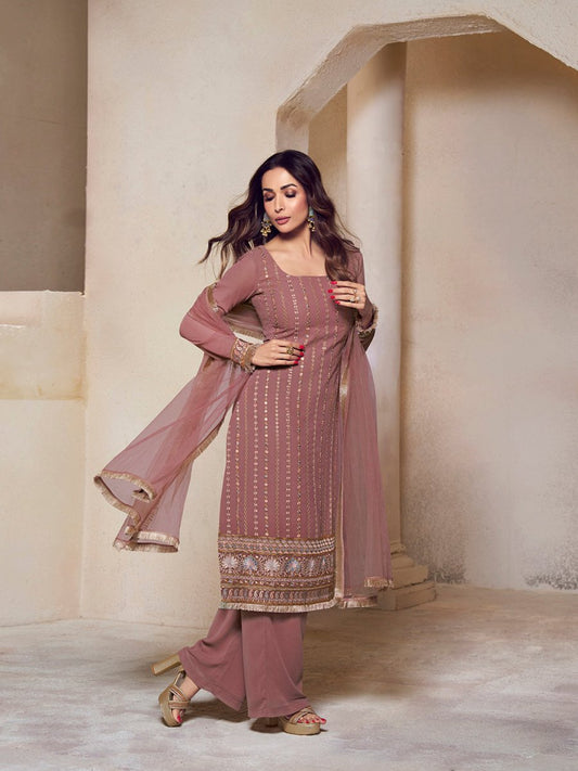 Malaika Arora Dirty Pink Zari Thread Embroidered Stright Kurta Set - Inddus.com