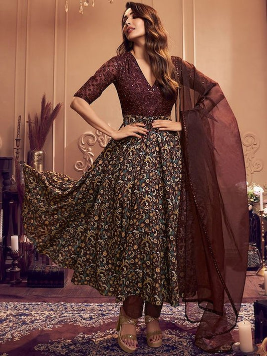 Malaika Arora Floral Printed V-Neck Thread and Sequins Embroidered A-Line Kurta Set With Dupatta - Inddus.com