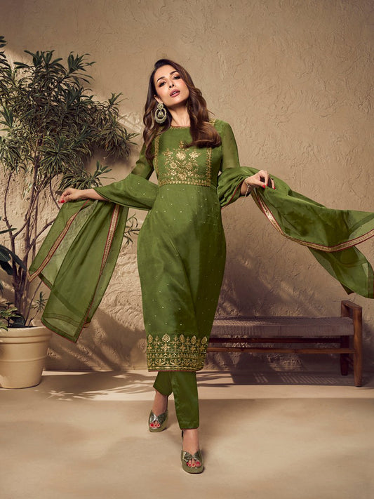 Malaika Arora Mehndi Green Zari and Mukaish Embroidered Yoke Design Stright Kurta Set - Inddus.com