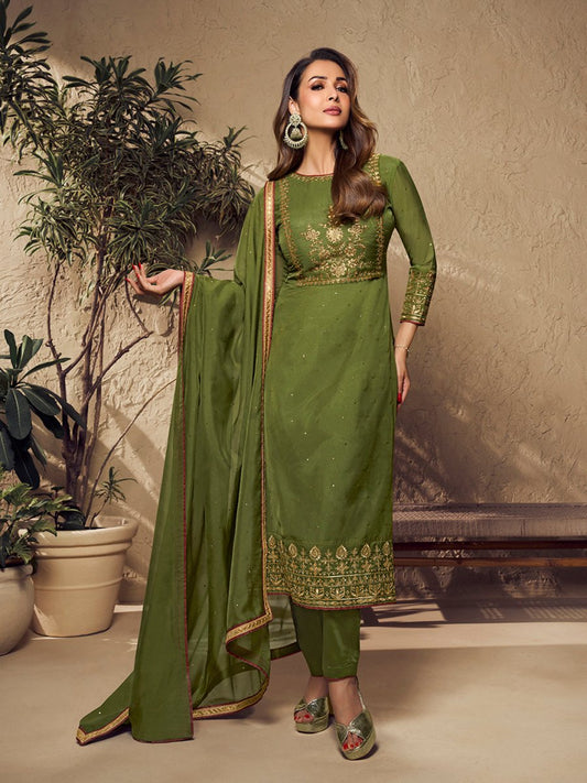 Malaika Arora Mehndi Green Zari and Mukaish Embroidered Yoke Design Stright Kurta Set - Inddus.com