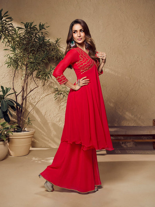 Malaika Arora Red Zari Embroidered Flared Kurta with Sharara - Inddus.com