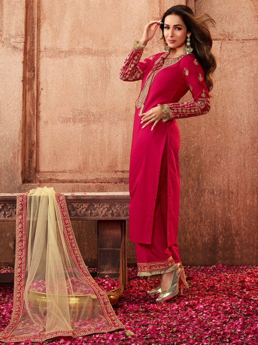 Malaika Arora Style Magenta & Gold Embroidered Kurta Suit - Inddus.com