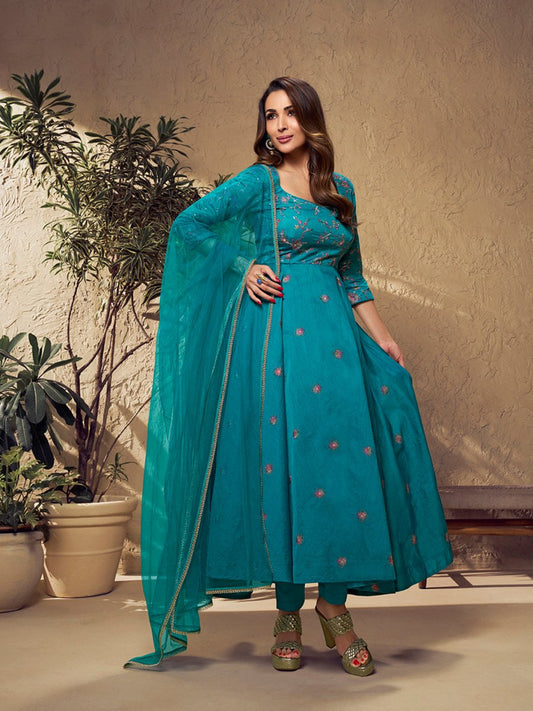 Malaika Arora Turquoise Blue Multi Thread and Sequines Embroidered Anarkali Kurta Set - Inddus.com