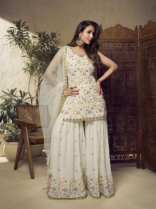 Malaika Arora White Floral Multi Thread and Sequines Embroidered Kurta Set - Inddus.com